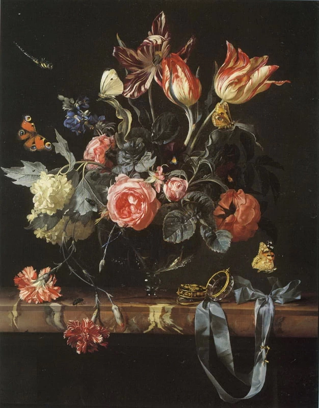 Natura morta con fiori e orologio